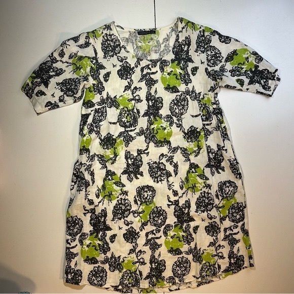 Snapdragon & Twig 100% Linen Orbit Green Cream Black Floral Oversized Dress XS - Picture 3 of 16